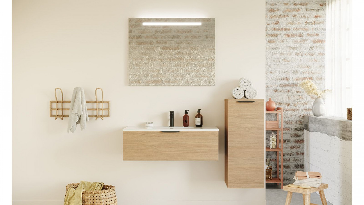 Meuble de salle de bain suspendu vasque intégrée 90cm 1 tiroir Chêne clair + miroir + colonne ouverture droite - Swing
