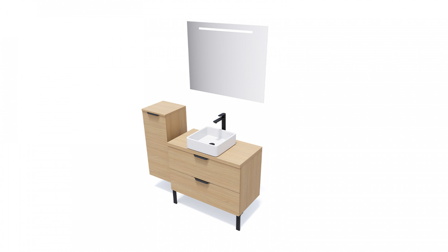 Meuble de salle de bain suspendu vasque à poser 90cm 2 tiroirs Chêne clair + miroir + colonne ouverture gauche - Swing