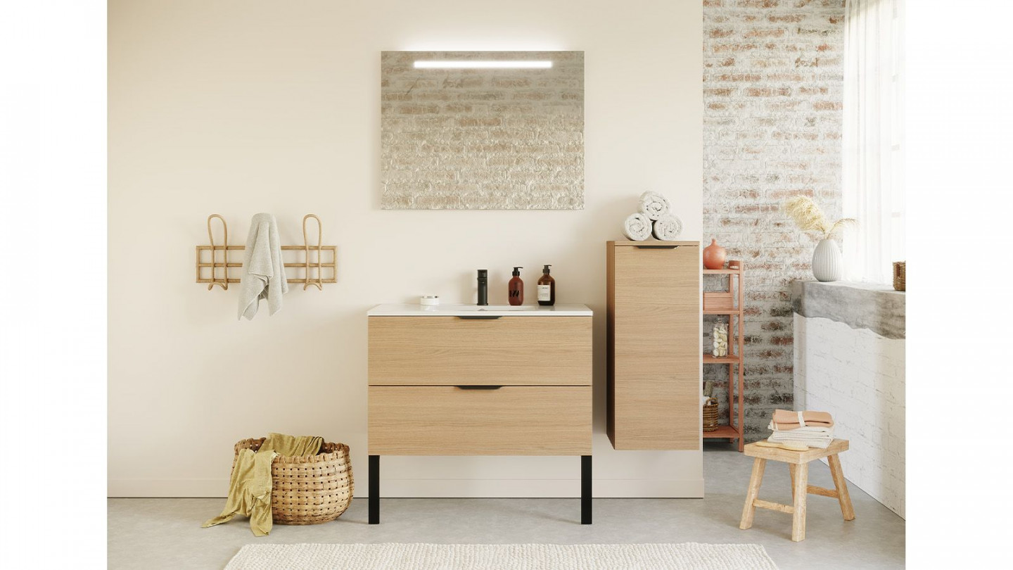 Meuble de salle de bain suspendu vasque intégrée 90cm 2 tiroirs Chêne clair + miroir + colonne ouverture droite - Swing