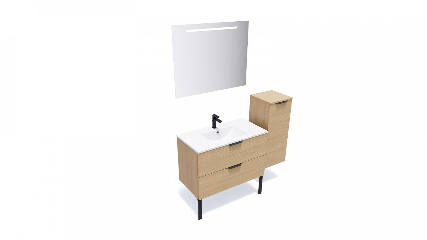 Meuble de salle de bain suspendu vasque intégrée 90cm 2 tiroirs Chêne clair + miroir + colonne ouverture droite - Swing
