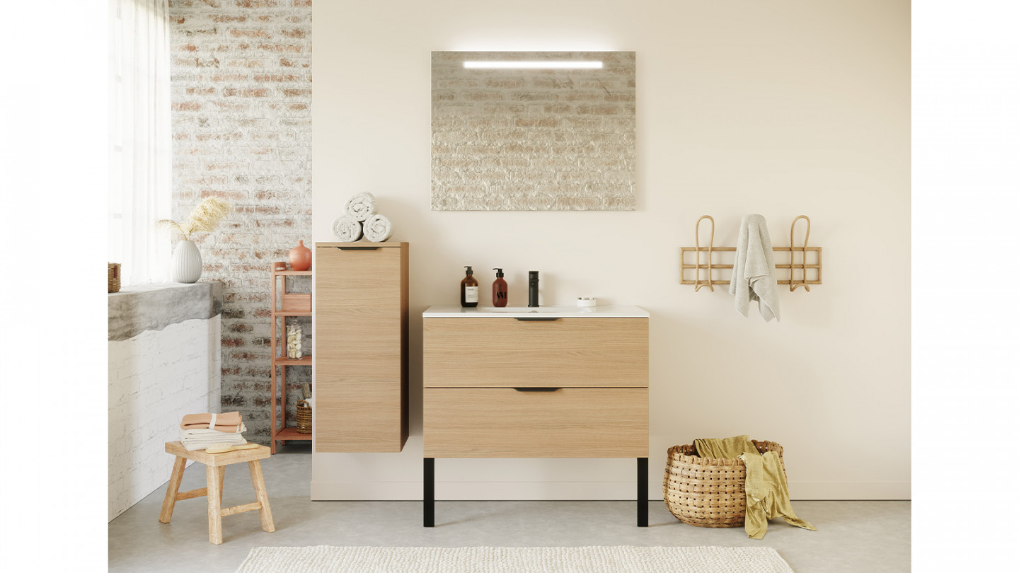 Meuble de salle de bain suspendu vasque intégrée 90cm 2 tiroirs Chêne clair + miroir + colonne ouverture gauche - Swing
