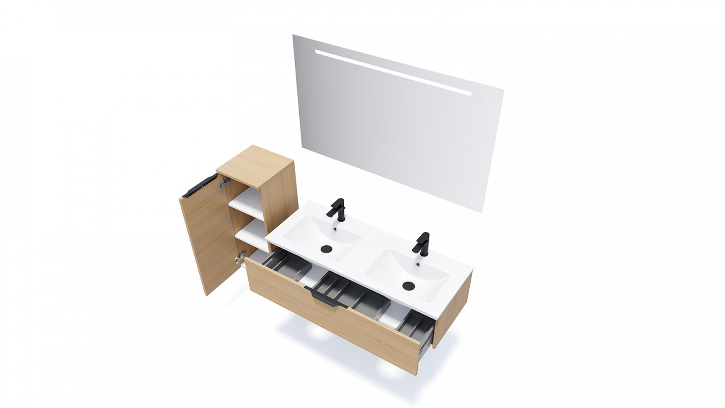 Meuble de salle de bain suspendu double vasque intégrée 120cm 1 tiroir Chêne clair - Swing
