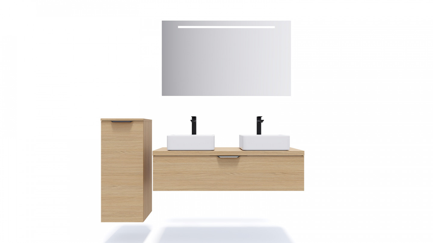 Meuble de salle de bain suspendu 2 vasques à poser 120cm 1 tiroir Chêne clair + miroir - Swing