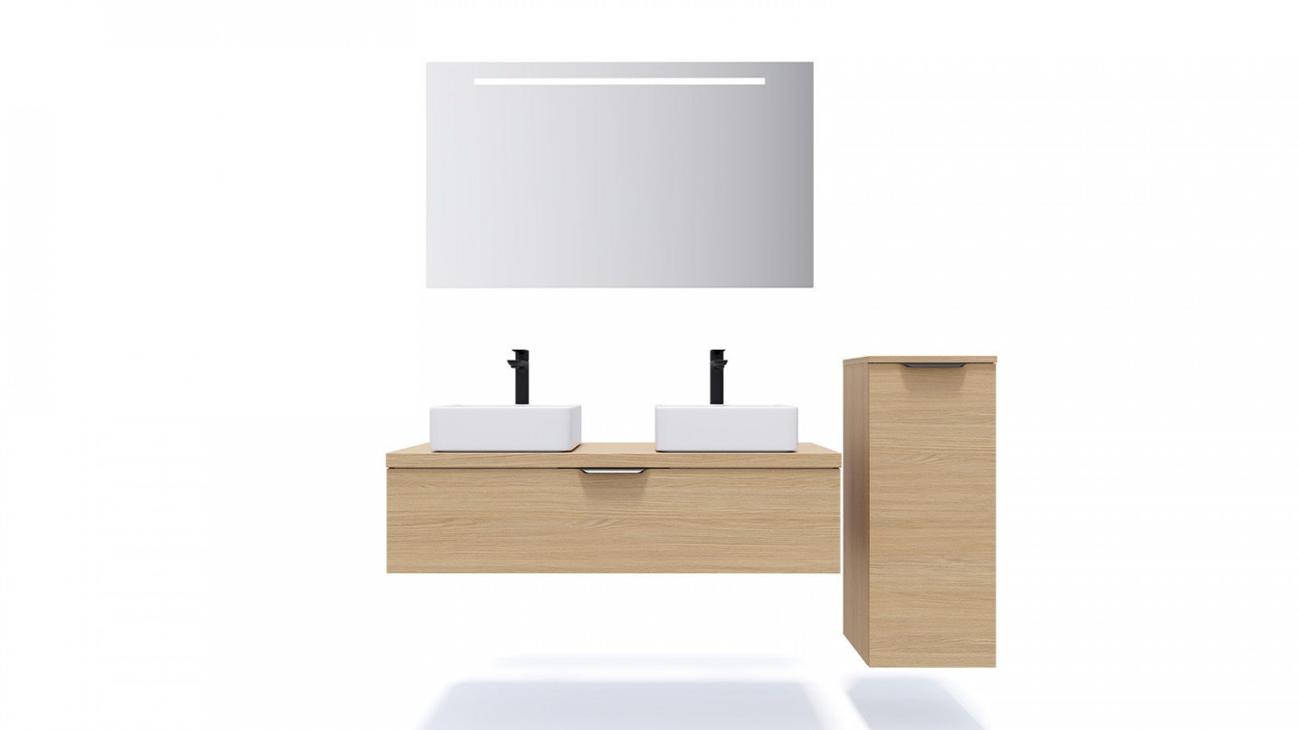 Meuble de salle de bain suspendu 2 vasques à poser 120cm 1 tiroir Chêne clair + miroir + colonne ouverture droite - Swing