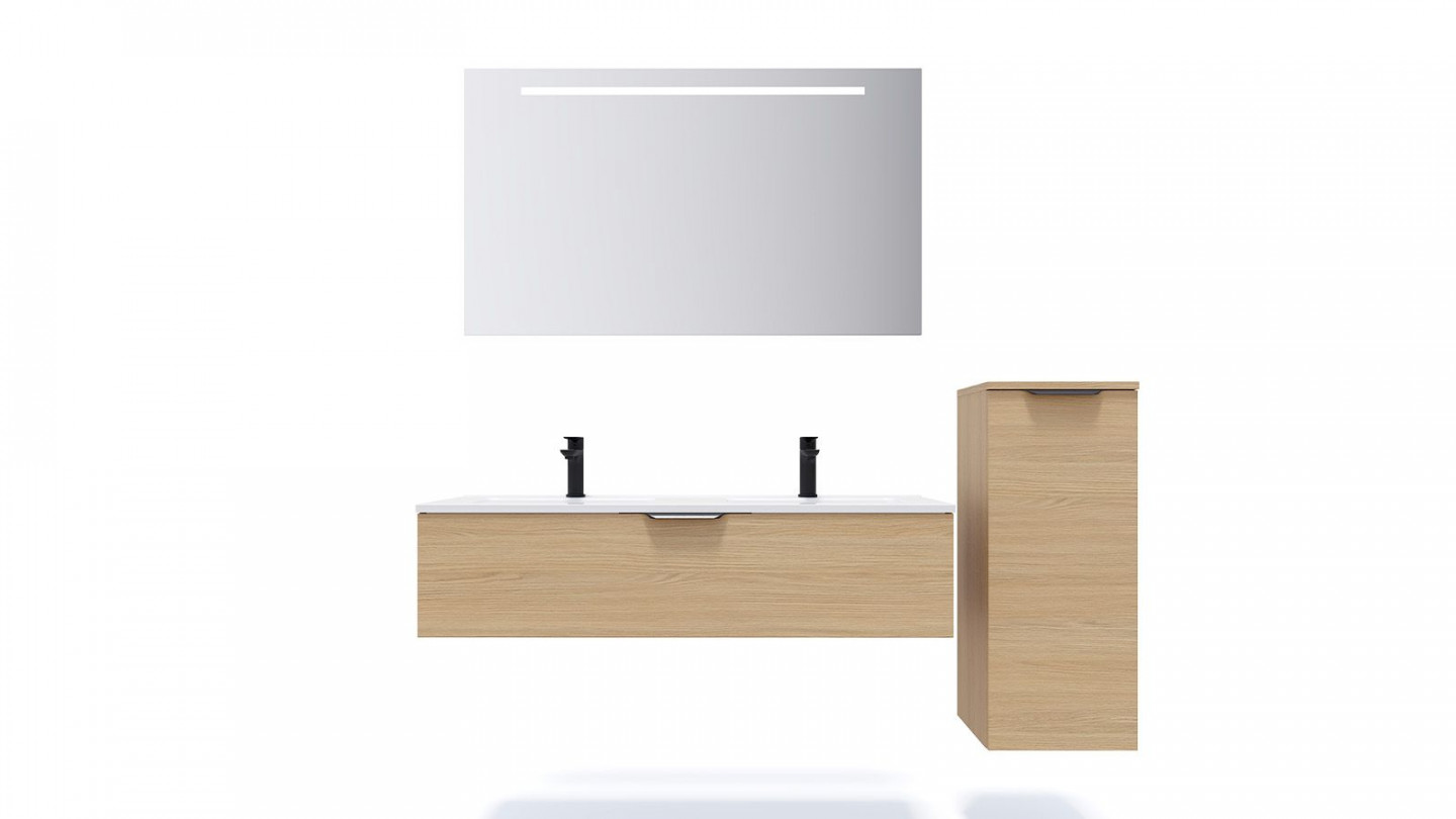 Meuble de salle de bain suspendu double vasque intégrée 120cm 1 tiroir Chêne clair + miroir + colonne ouverture droite - Swing