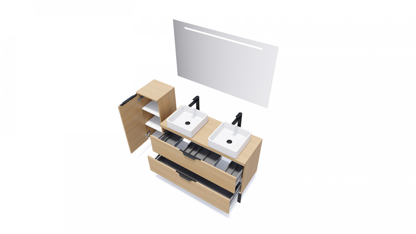 Meuble de salle de bain suspendu 2 vasques à poser 120cm 2 tiroirs Chêne clair + miroir - Swing