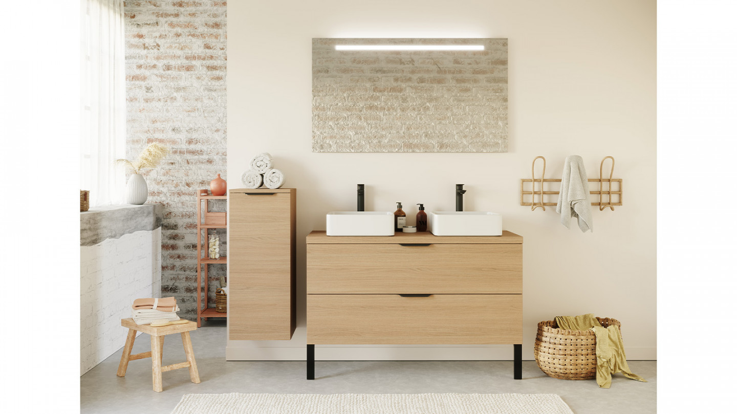 Meuble de salle de bain suspendu 2 vasques à poser 120cm 2 tiroirs Chêne clair + miroir - Swing
