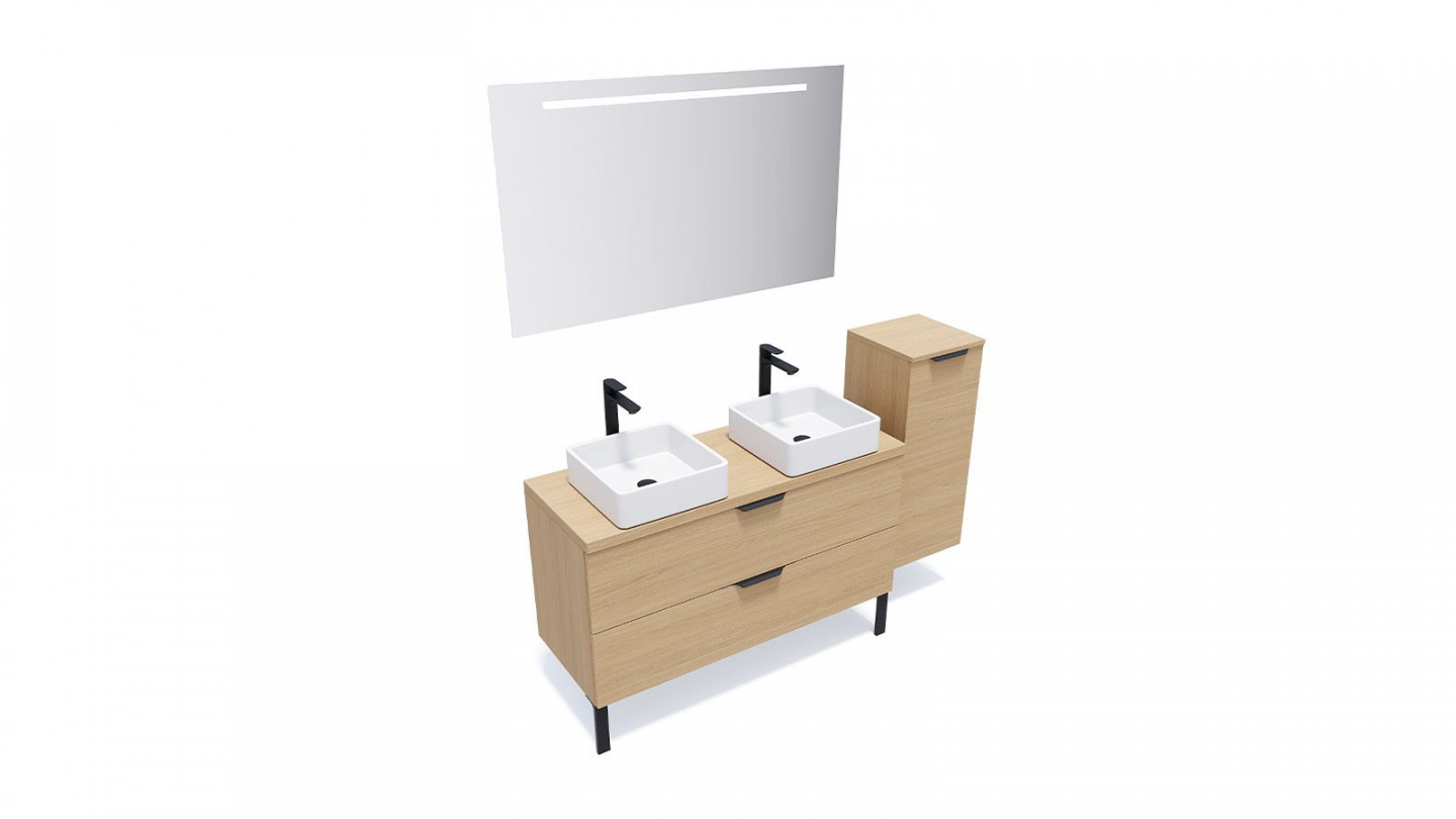 Meuble de salle de bain suspendu 2 vasques à poser 120cm 2 tiroirs Chêne clair + miroir + colonne ouverture droite - Swing