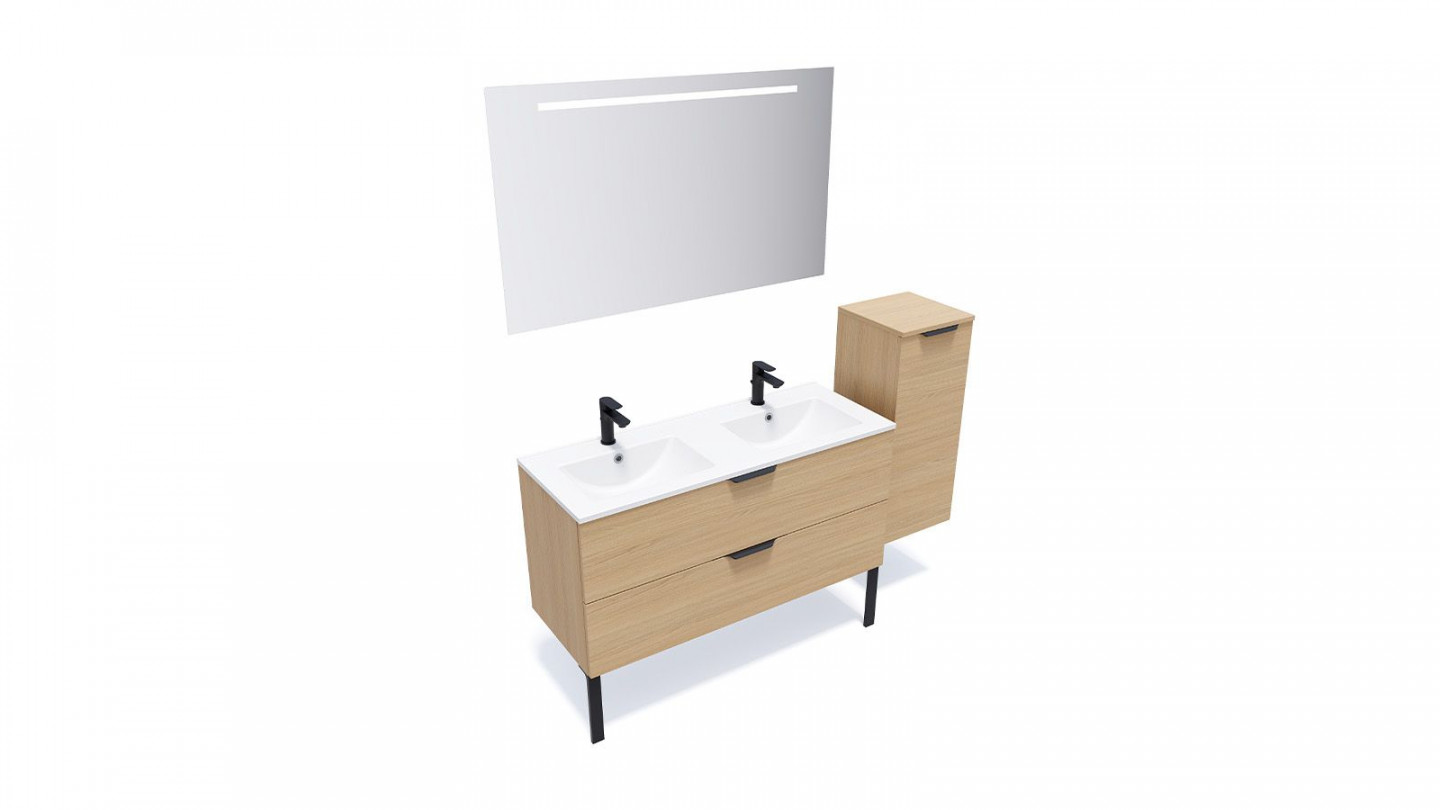 Meuble de salle de bain suspendu double vasque intégrée 120cm 2 tiroirs Chêne clair + miroir + colonne ouverture droite - Swing