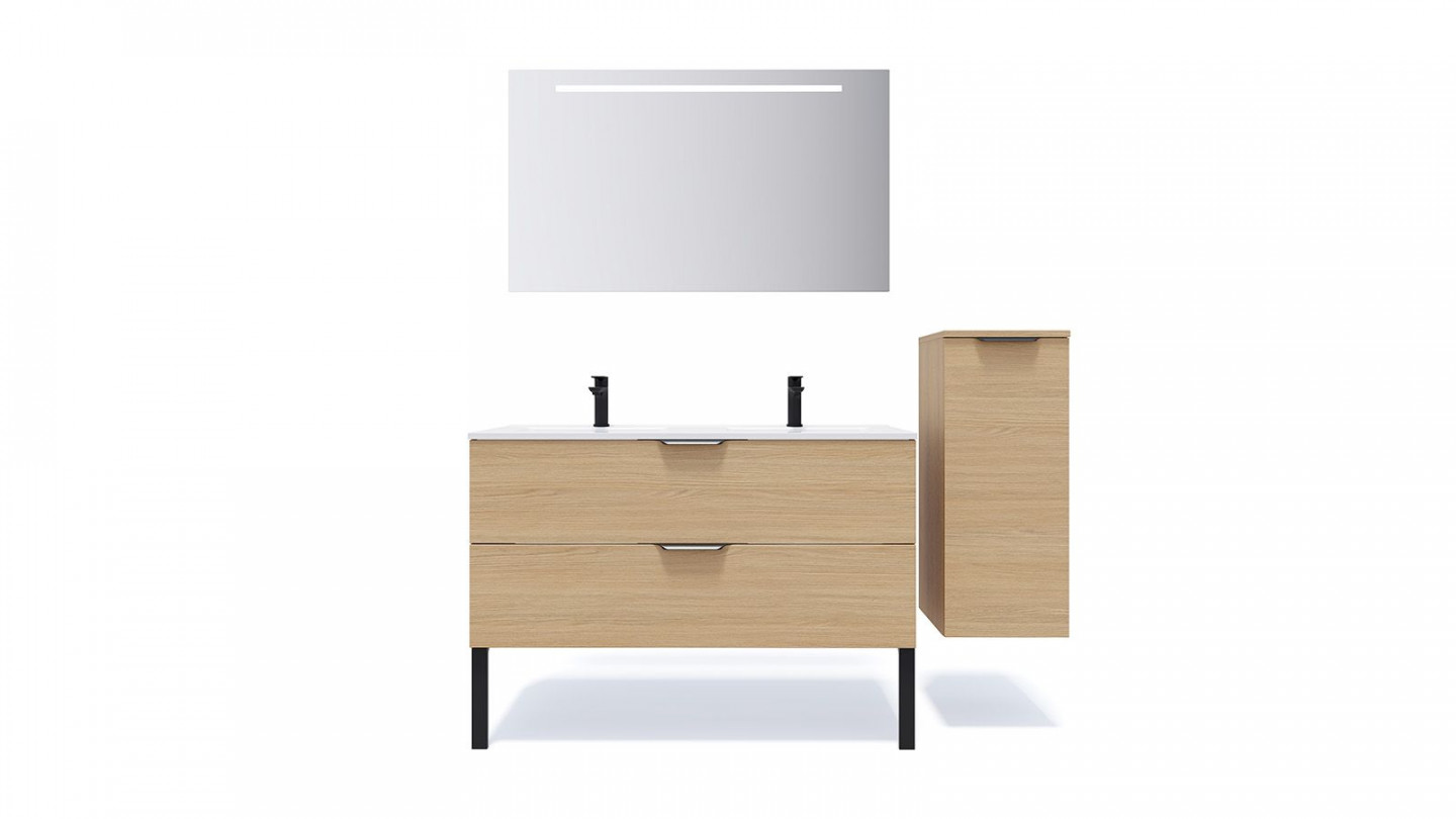 Meuble de salle de bain suspendu double vasque intégrée 120cm 2 tiroirs Chêne clair + miroir + colonne ouverture droite - Swing