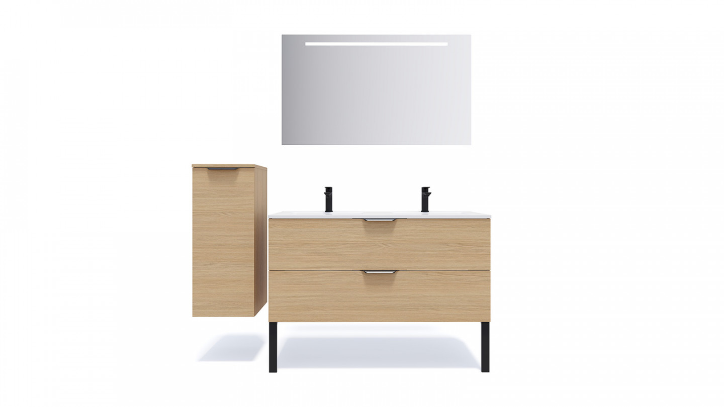 Meuble de salle de bain suspendu double vasque intégrée 120cm 2 tiroirs Chêne clair + miroir + colonne ouverture gauche - Swing