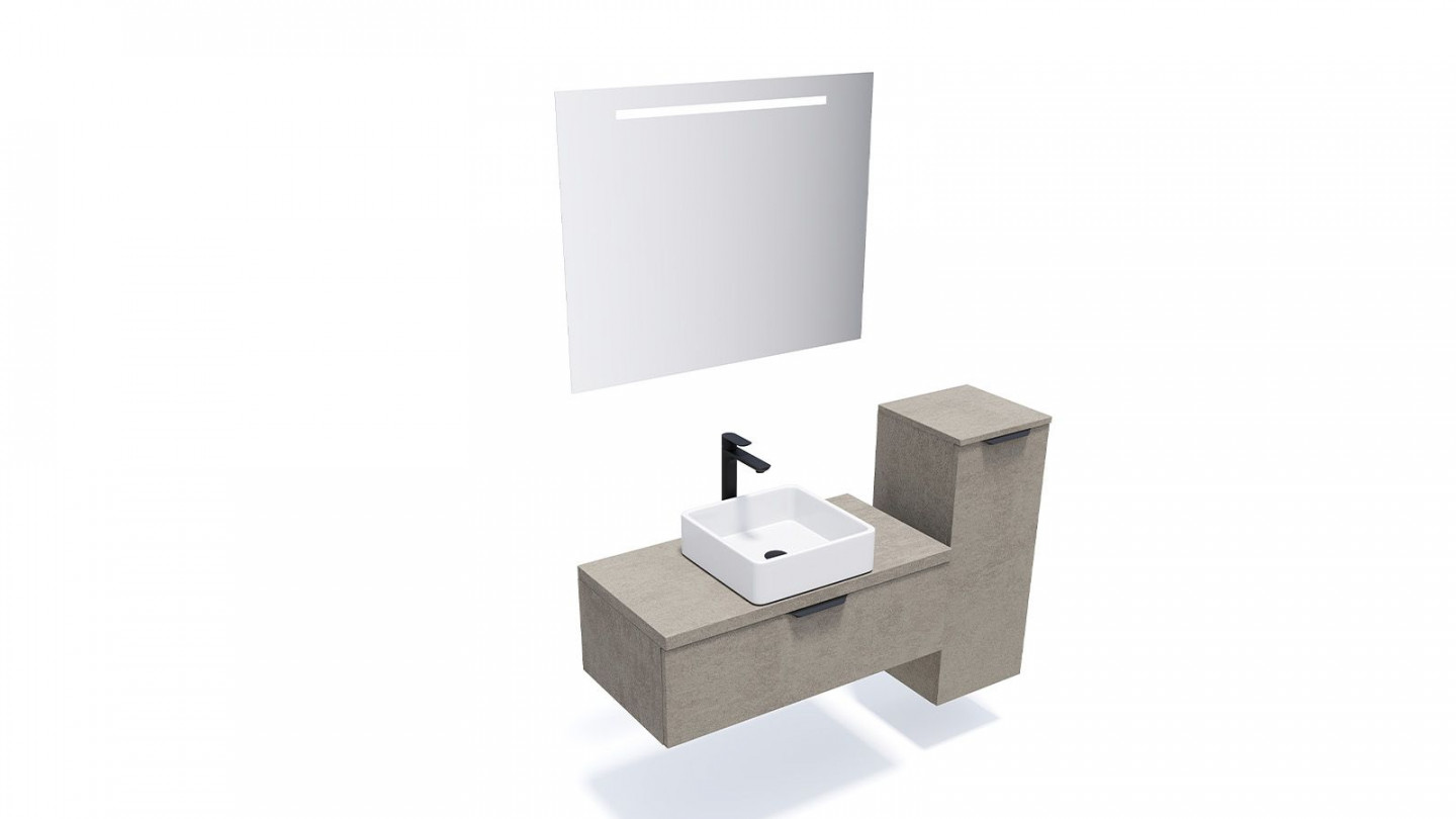 Meuble de salle de bain suspendu vasque à poser 90cm 1 tiroir façon Béton + miroir + colonne ouverture droite - Swing
