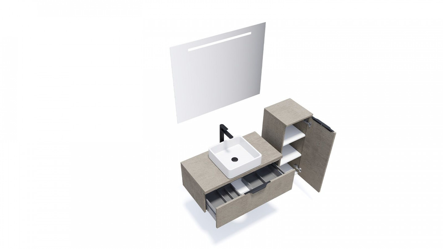 Meuble de salle de bain suspendu vasque à poser 90cm 1 tiroir façon Béton + miroir + colonne ouverture droite - Swing