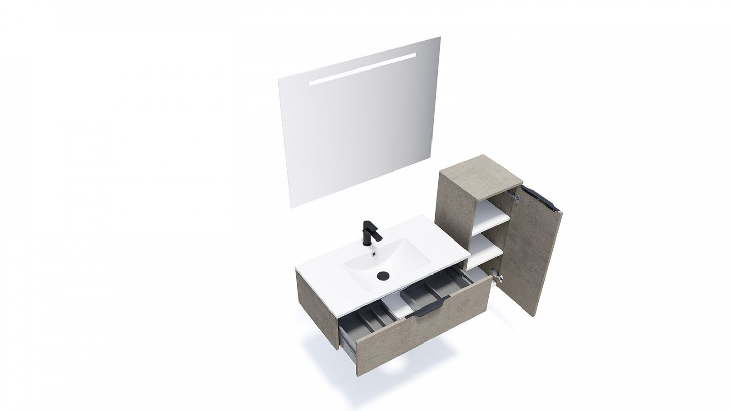 Meuble de salle de bain suspendu vasque intégrée 90cm 1 tiroir façon Béton + miroir + colonne ouverture droite - Swing