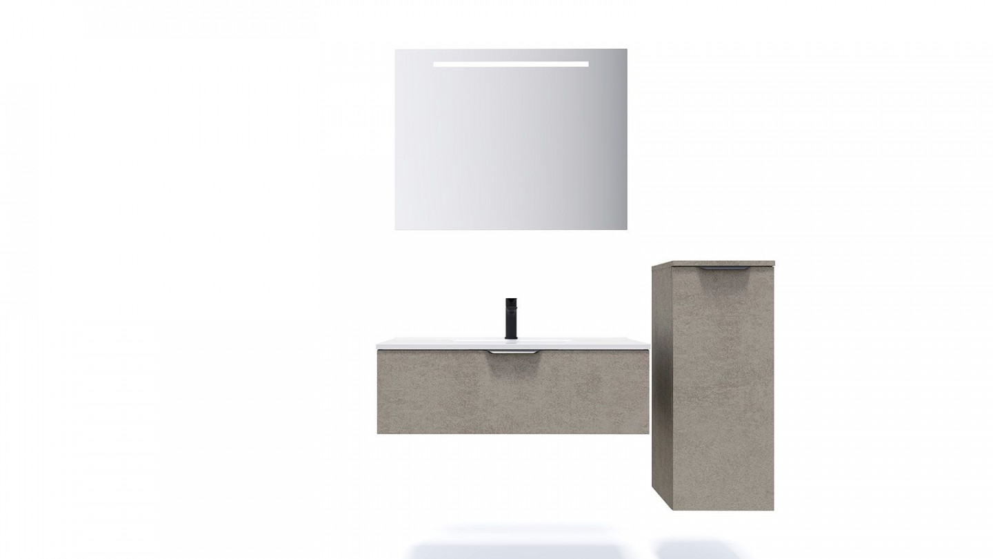 Meuble de salle de bain suspendu vasque intégrée 90cm 1 tiroir façon Béton + miroir + colonne ouverture droite - Swing