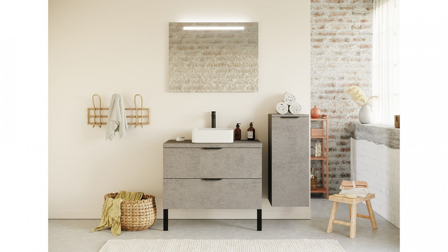 Meuble de salle de bain suspendu vasque à poser 90cm 2 tiroirs façon Béton + miroir + colonne ouverture droite - Swing
