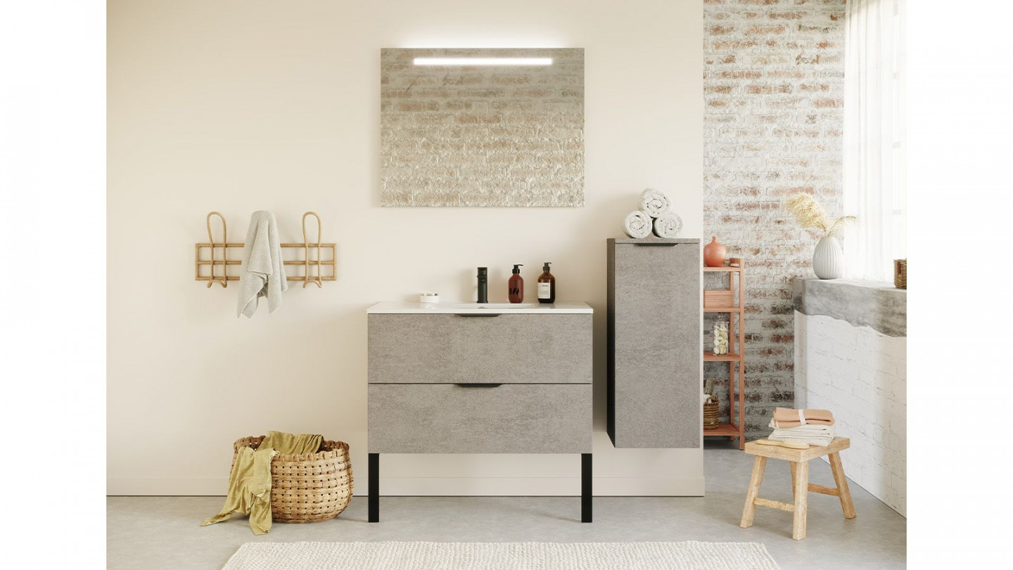 Meuble de salle de bain suspendu vasque intégrée 90cm 2 tiroirs façon Béton + miroir + colonne ouverture droite - Swing