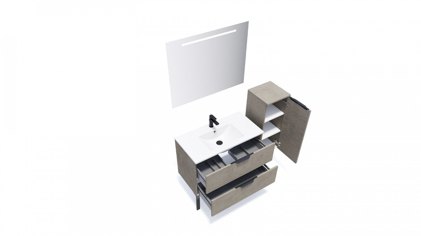 Meuble de salle de bain suspendu vasque intégrée 90cm 2 tiroirs façon Béton + miroir + colonne ouverture droite - Swing