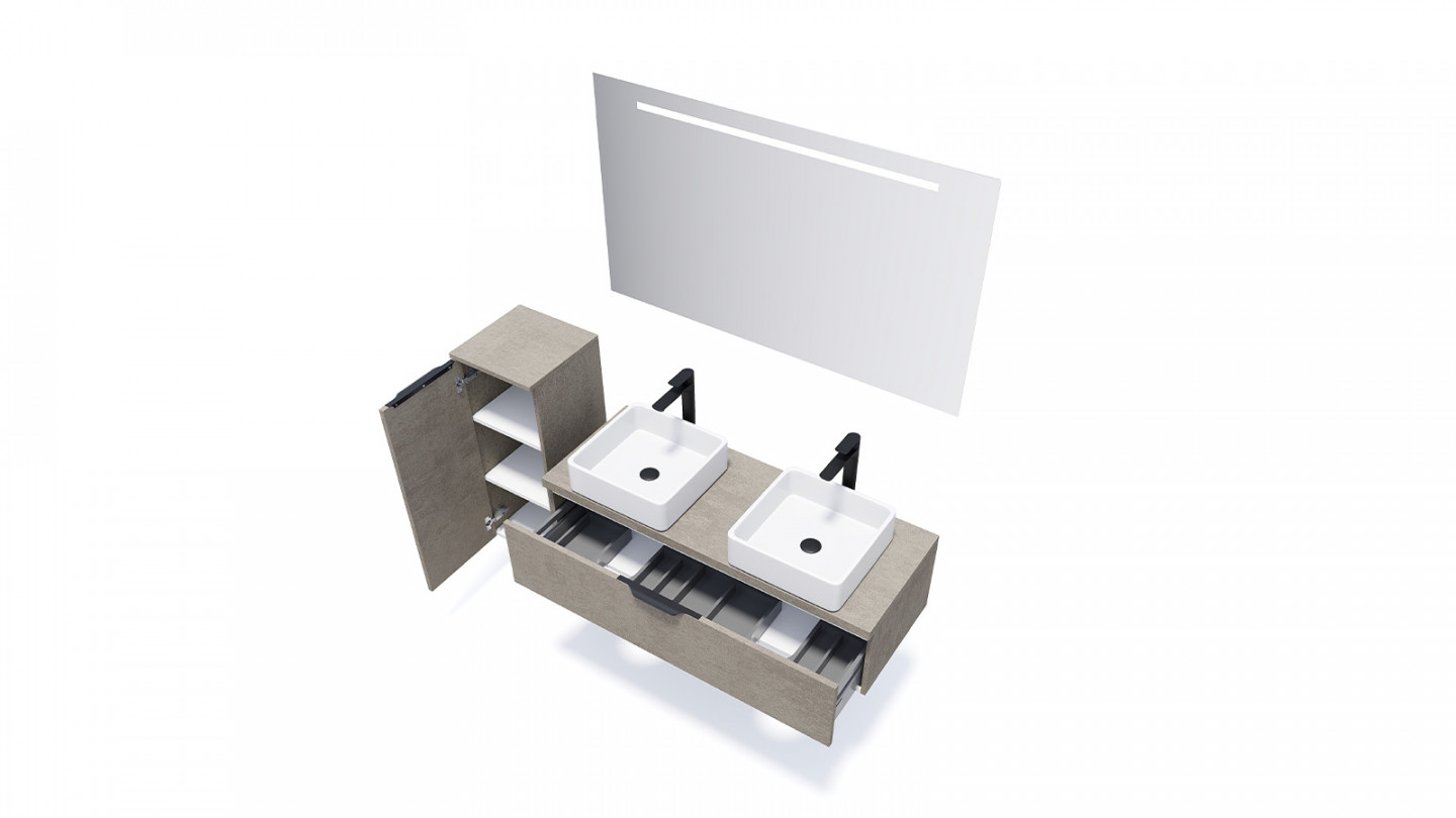Meuble de salle de bain suspendu 2 vasques à poser 120cm 1 tiroir façon Béton - Swing