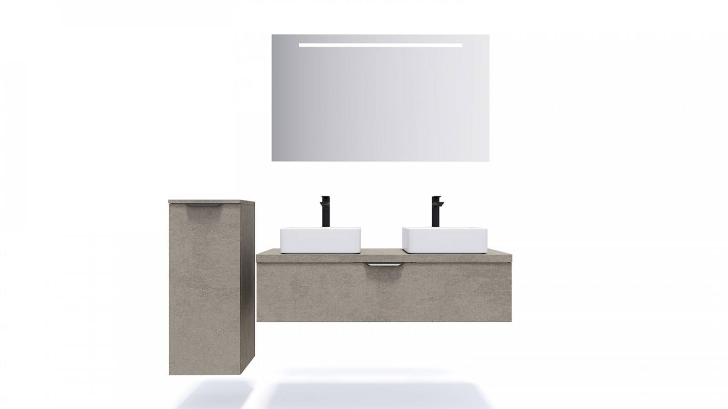 Meuble de salle de bain suspendu 2 vasques à poser 120cm 1 tiroir façon Béton - Swing