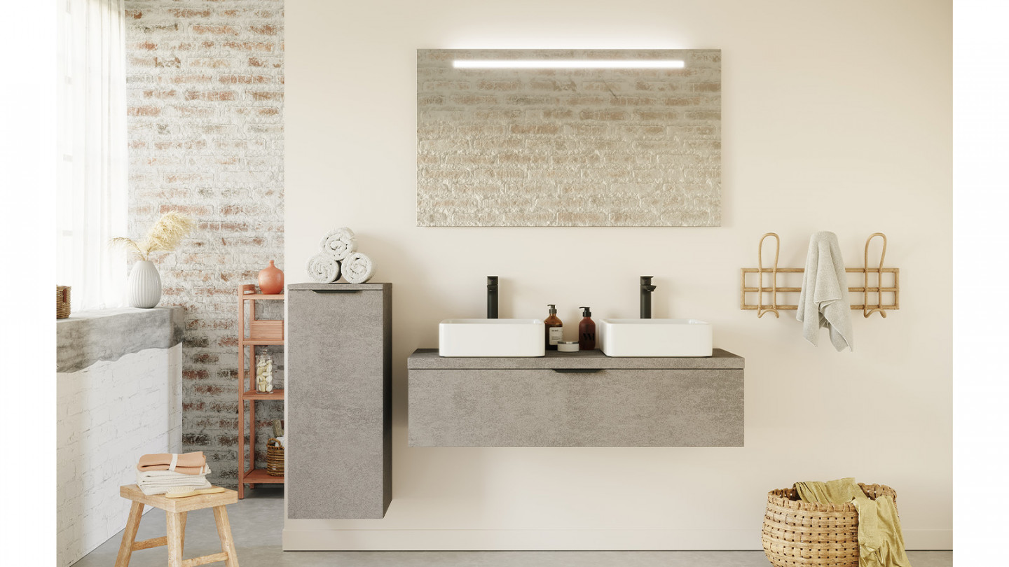 Meuble de salle de bain suspendu 2 vasques à poser 120cm 1 tiroir façon Béton - Swing