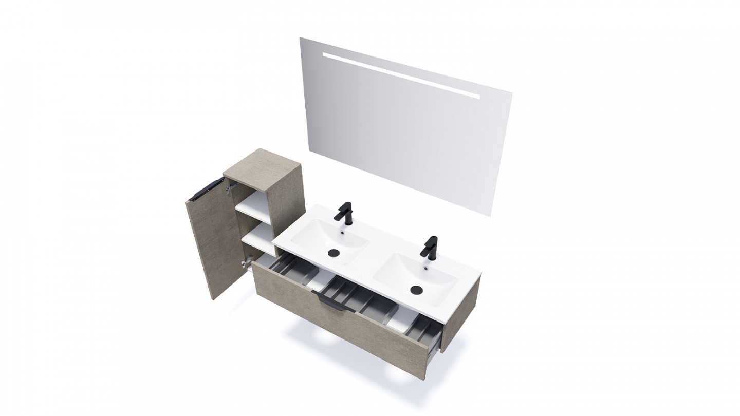 Meuble de salle de bain suspendu double vasque intégrée 120cm 1 tiroir façon Béton - Swing