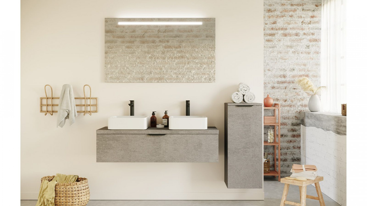 Meuble de salle de bain suspendu 2 vasques à poser 120cm 1 tiroir façon Béton + miroir + colonne ouverture droite - Swing