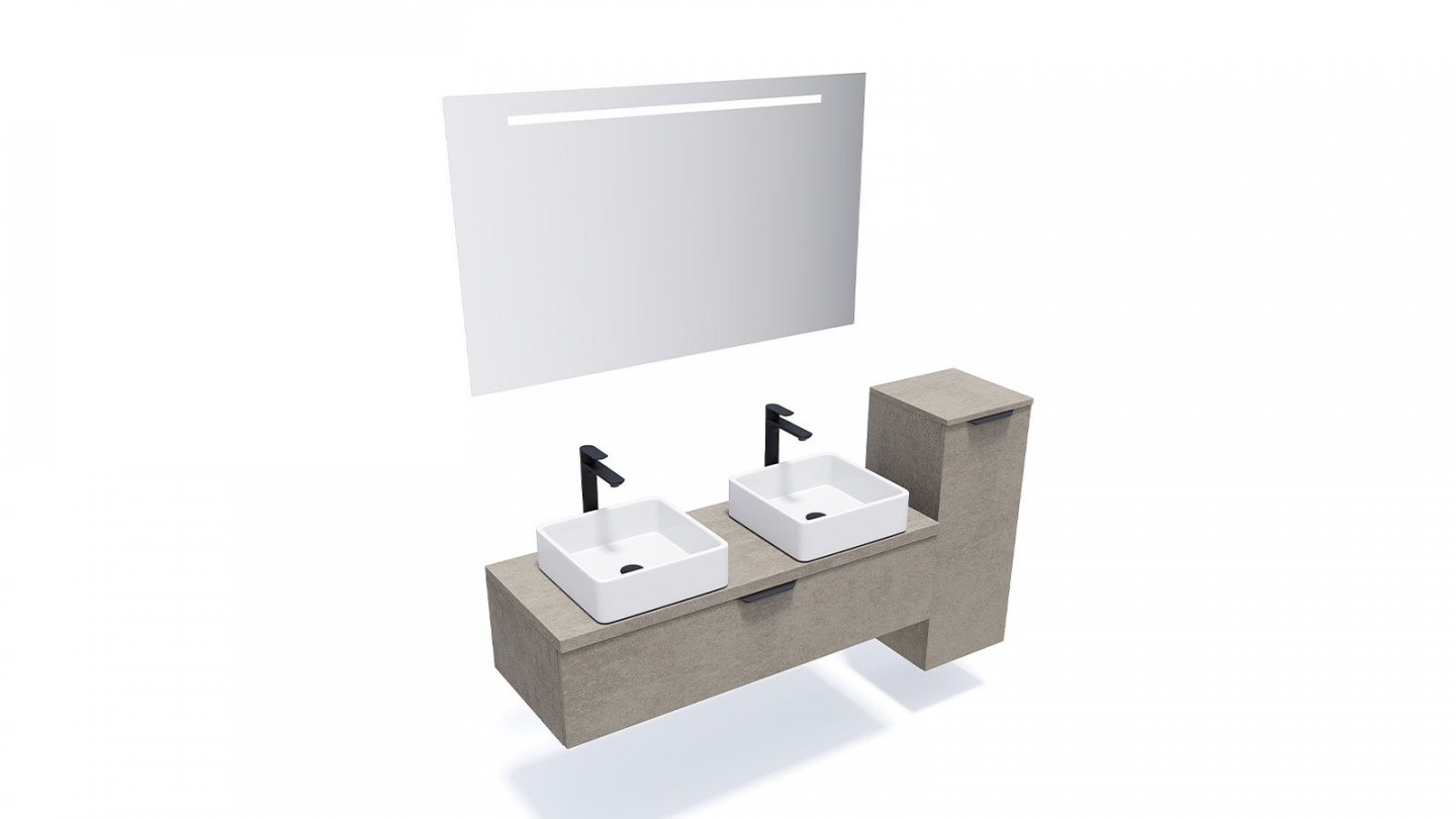 Meuble de salle de bain suspendu 2 vasques à poser 120cm 1 tiroir façon Béton + miroir + colonne ouverture droite - Swing