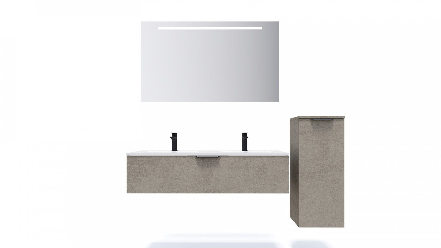 Meuble de salle de bain suspendu double vasque intégrée 120cm 1 tiroir façon Béton + miroir + colonne ouverture droite - Swing