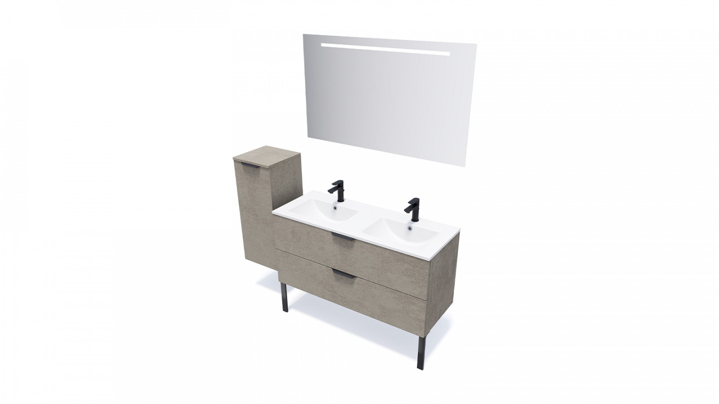 Meuble de salle de bain suspendu double vasque intégrée 120cm 2 tiroirs façon Béton - Swing