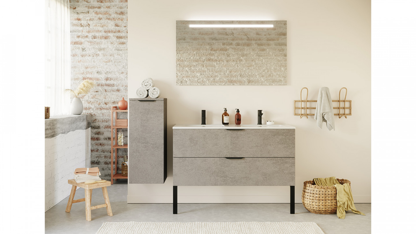 Meuble de salle de bain suspendu double vasque intégrée 120cm 2 tiroirs façon Béton - Swing