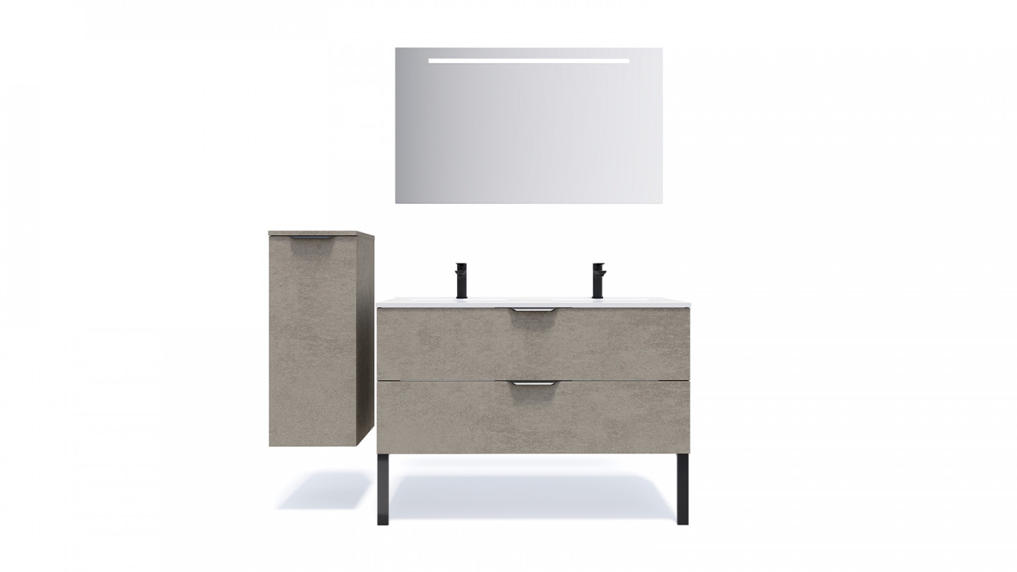 Meuble de salle de bain suspendu double vasque intégrée 120cm 2 tiroirs façon Béton + miroir - Swing