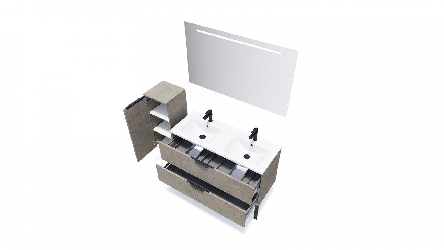 Meuble de salle de bain suspendu double vasque intégrée 120cm 2 tiroirs façon Béton + miroir + colonne ouverture gauche - Swing