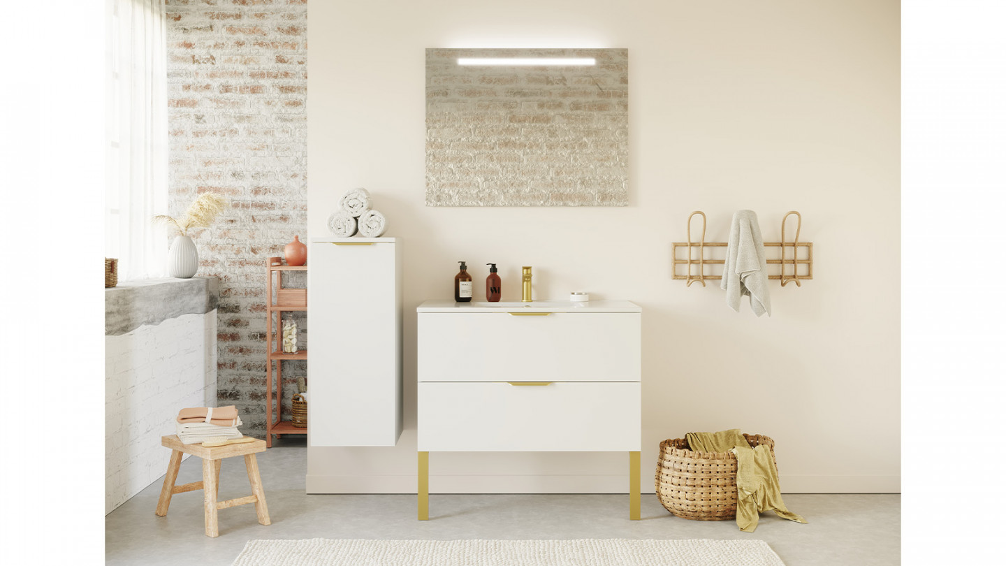 Meuble de salle de bain suspendu vasque intégrée 90cm 2 tiroirs Blanc + miroir - Swing