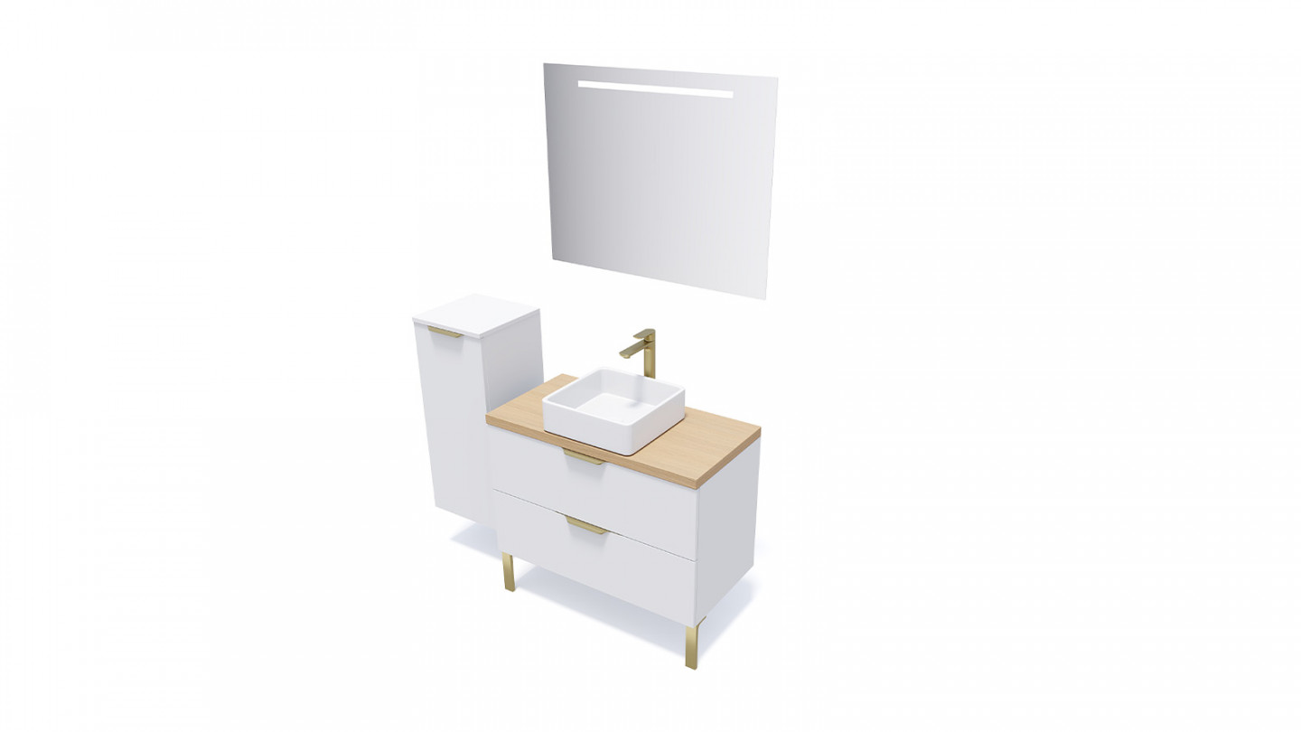 Meuble de salle de bain suspendu vasque à poser 90cm 2 tiroirs Blanc + miroir + colonne ouverture gauche - Swing