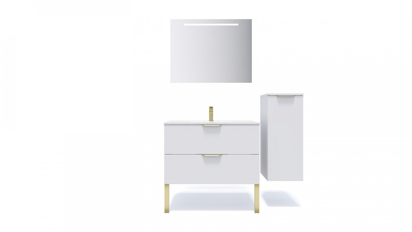Meuble de salle de bain suspendu vasque intégrée 90cm 2 tiroirs Blanc + miroir + colonne ouverture droite - Swing