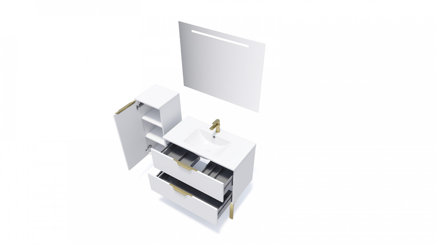 Meuble de salle de bain suspendu vasque intégrée 90cm 2 tiroirs Blanc + miroir + colonne ouverture gauche - Swing