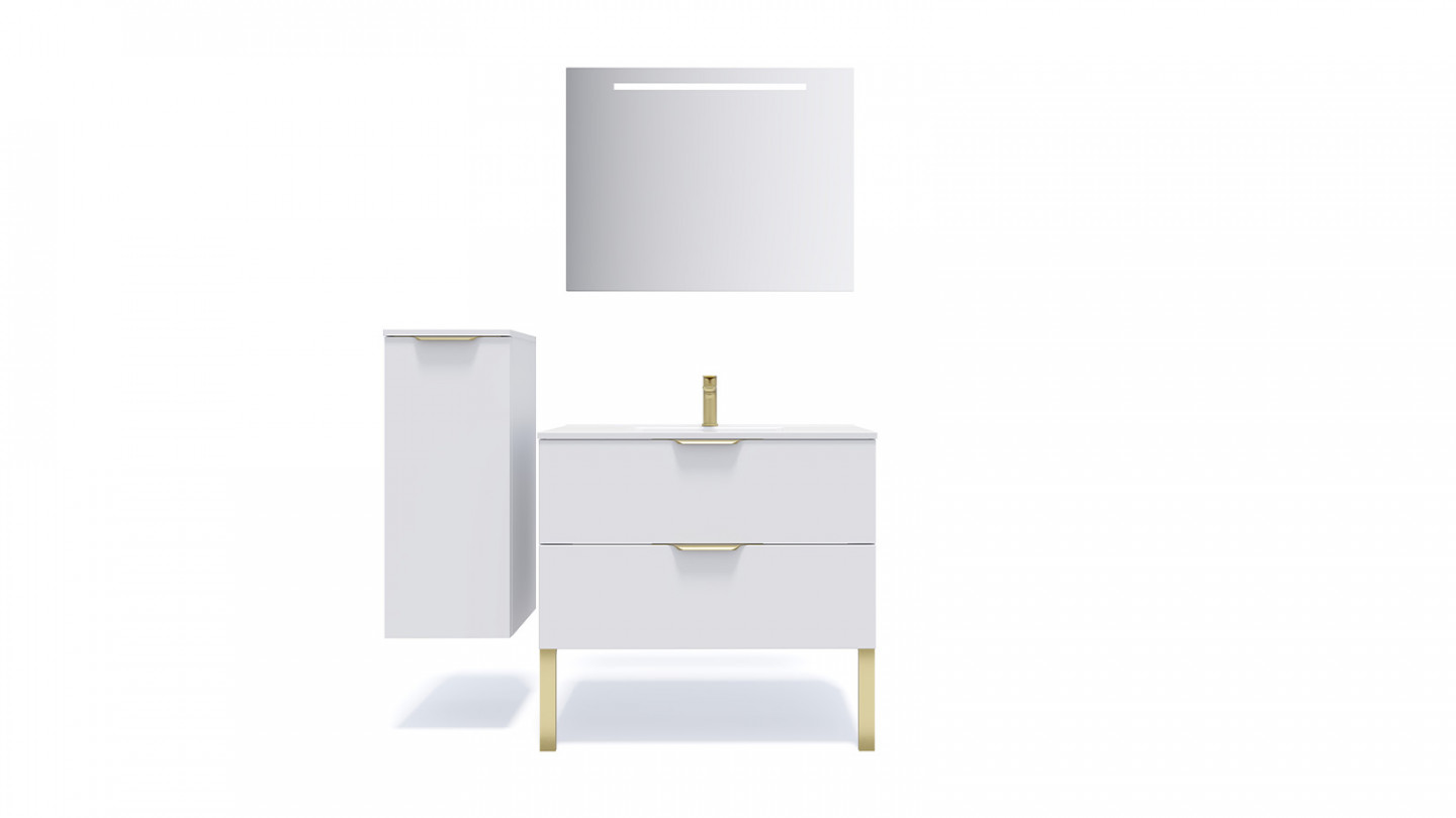 Meuble de salle de bain suspendu vasque intégrée 90cm 2 tiroirs Blanc + miroir + colonne ouverture gauche - Swing