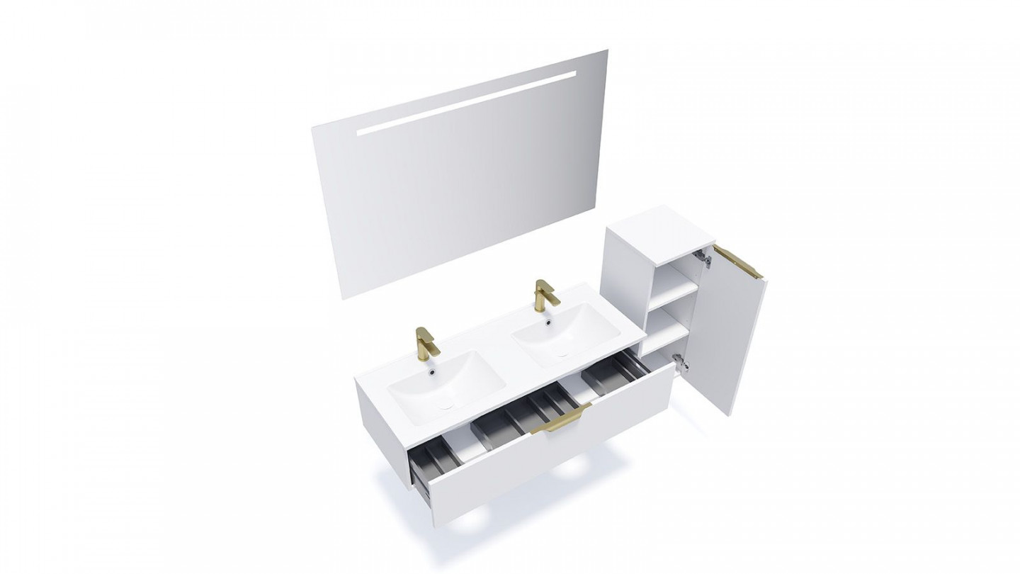 Meuble de salle de bain suspendu double vasque intégrée 120cm 1 tiroir Blanc + miroir + colonne ouverture droite - Swing