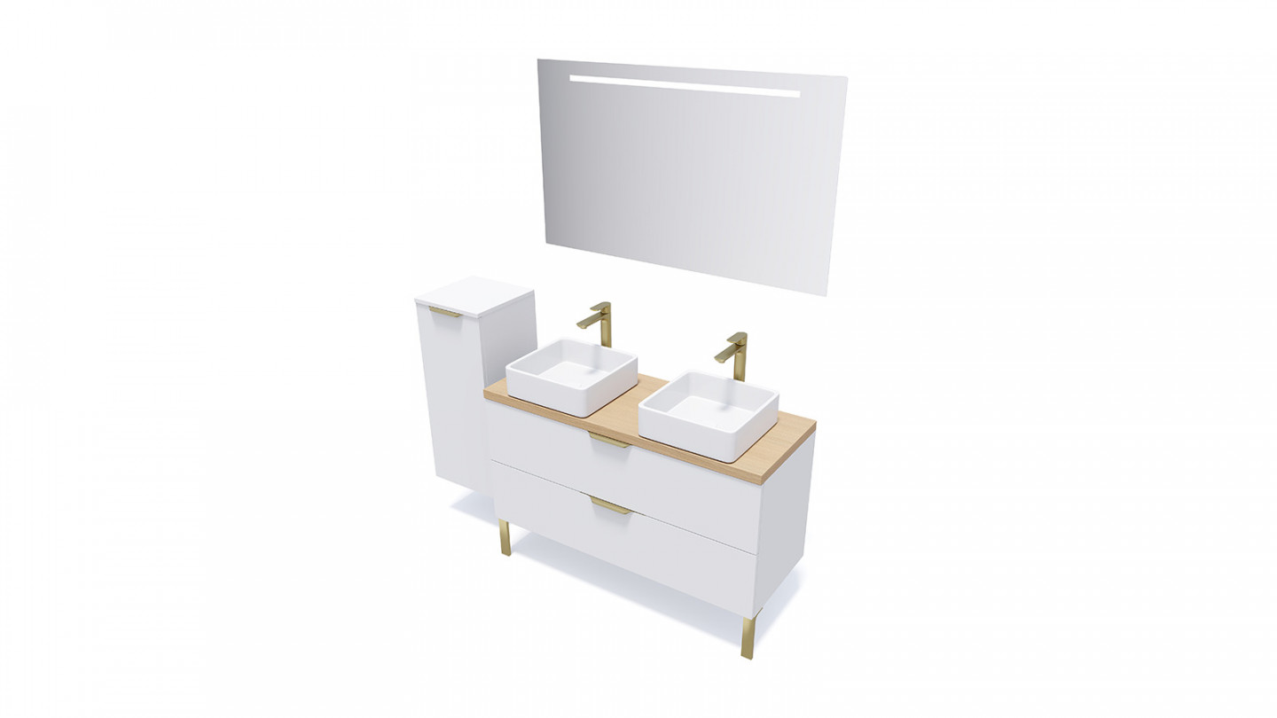 Meuble de salle de bain suspendu 2 vasques à poser 120cm 2 tiroirs Blanc + miroir + colonne ouverture gauche - Swing