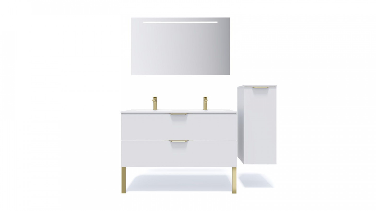 Meuble de salle de bain suspendu double vasque intégrée 120cm 2 tiroirs Blanc + miroir + colonne ouverture droite - Swing