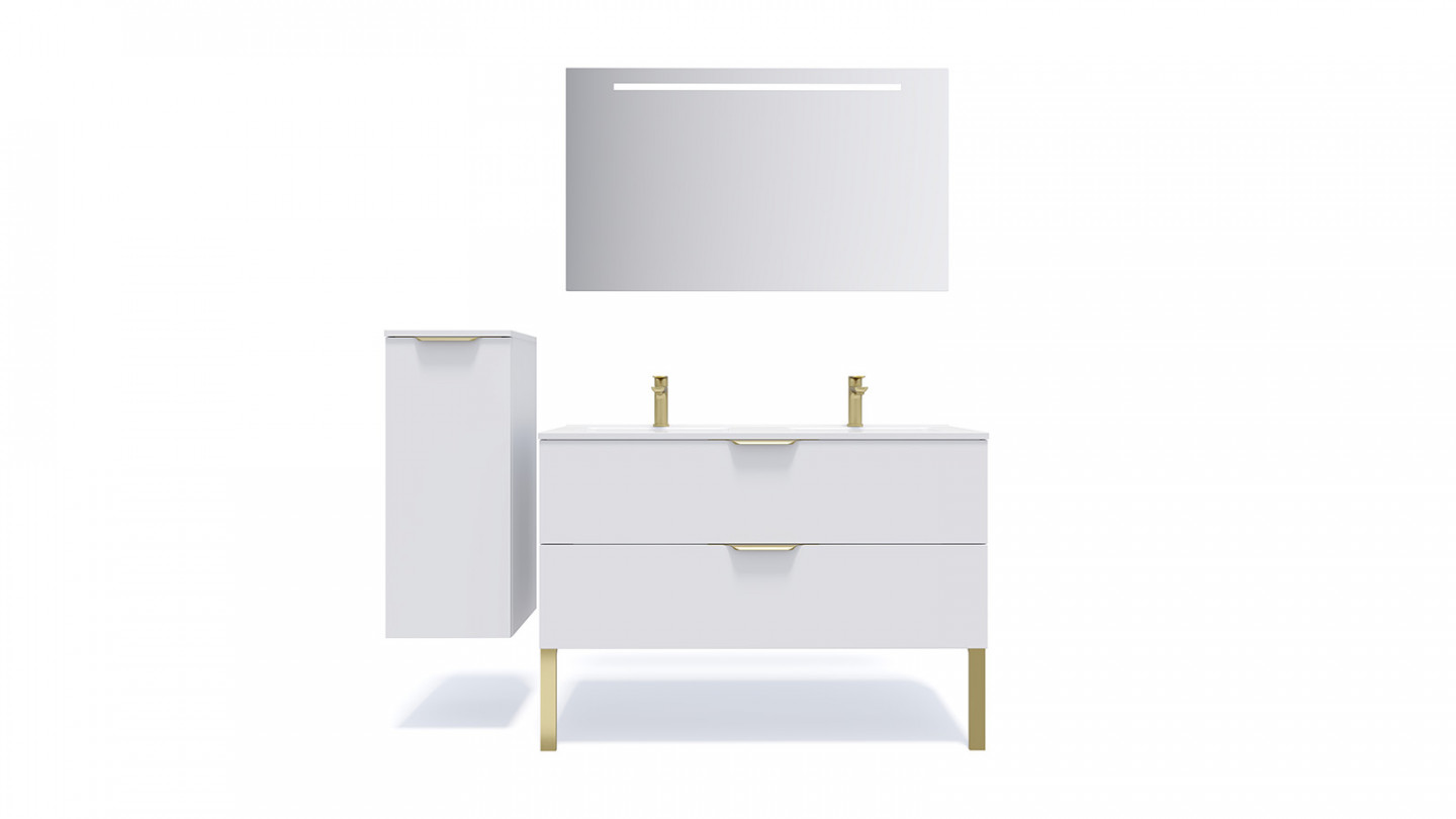 Meuble de salle de bain suspendu double vasque intégrée 120cm 2 tiroirs Blanc + miroir + colonne ouverture gauche - Swing