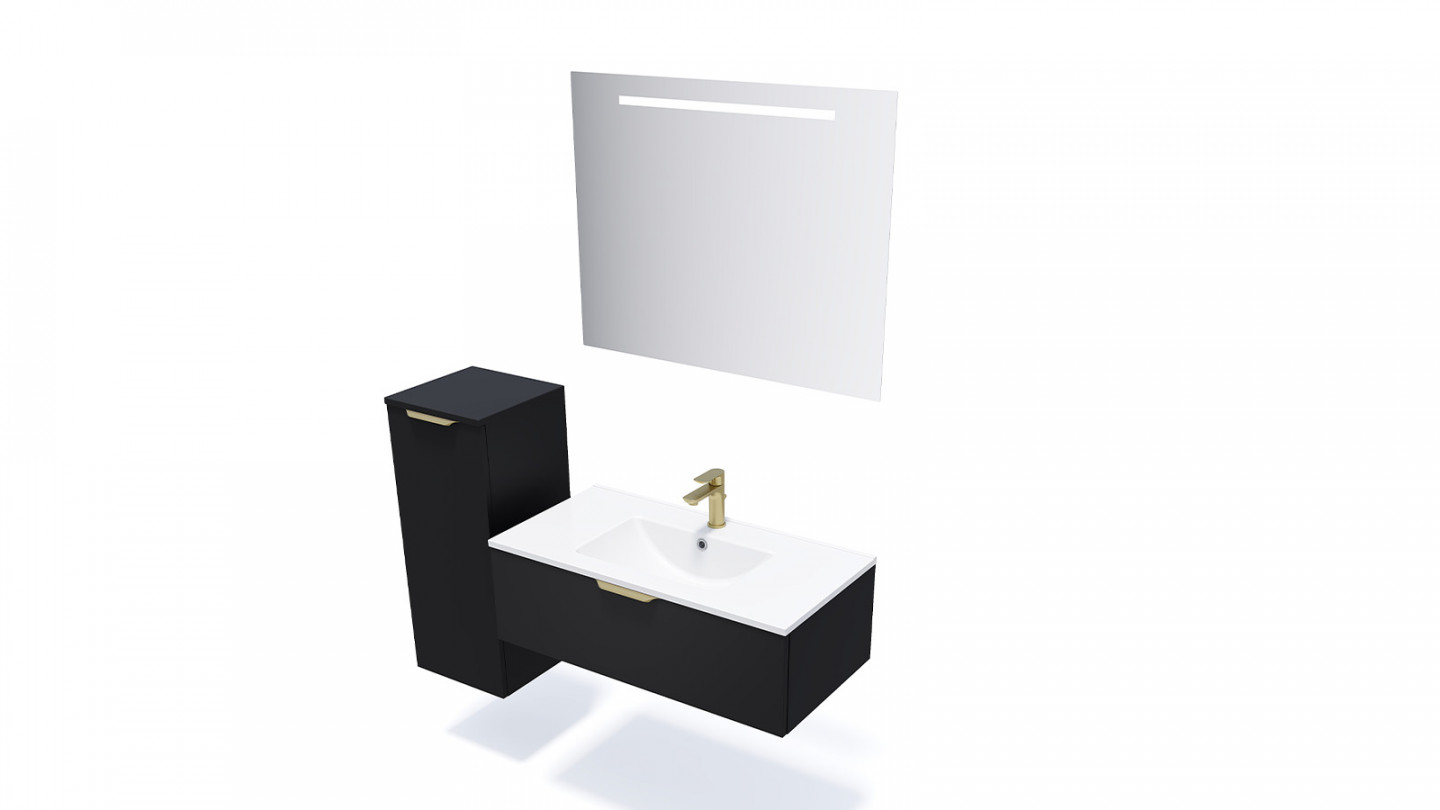 Meuble de salle de bain suspendu vasque intégrée 90cm 1 tiroir Noir + miroir - Swing