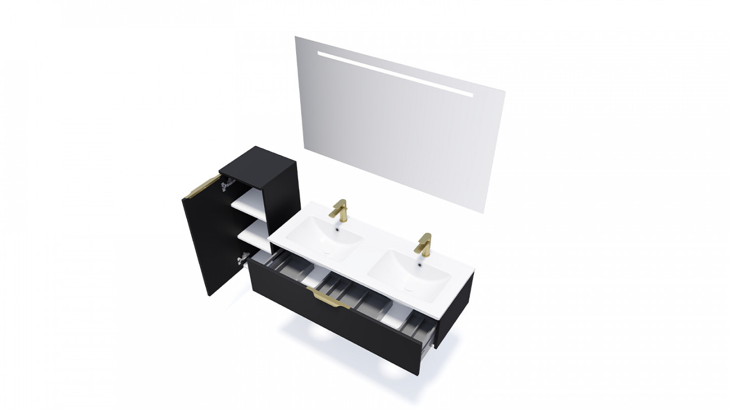 Meuble de salle de bain suspendu double vasque intégrée 120cm 1 tiroir Noir + miroir + colonne ouverture gauche - Swing