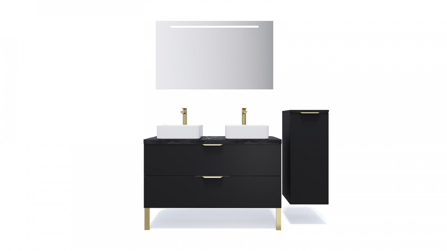 Meuble de salle de bain suspendu 2 vasques à poser 120cm 2 tiroirs Noir + miroir + colonne ouverture droite - Swing