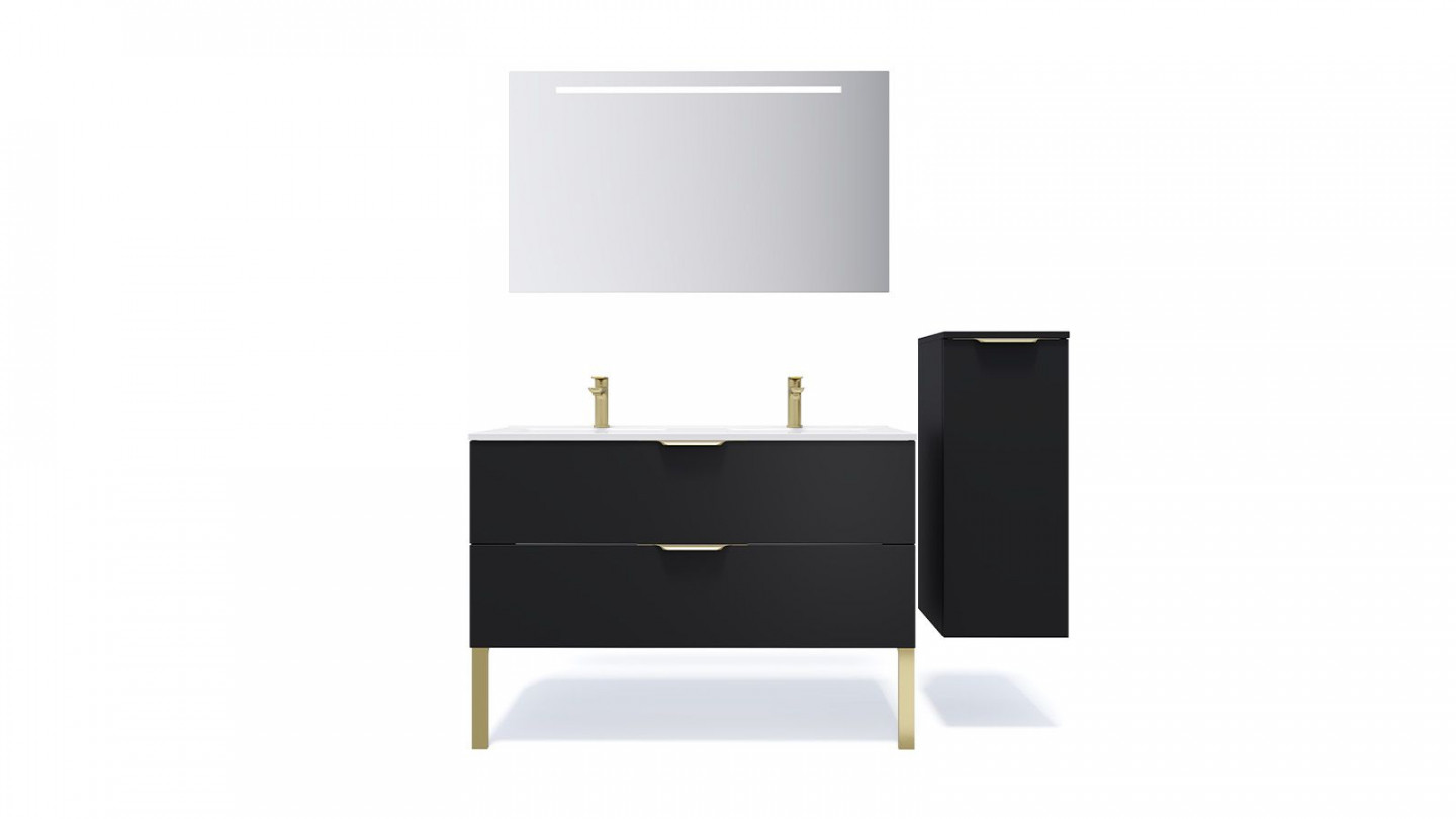 Meuble de salle de bain suspendu double vasque intégrée 120cm 2 tiroirs Noir + miroir + colonne ouverture droite - Swing