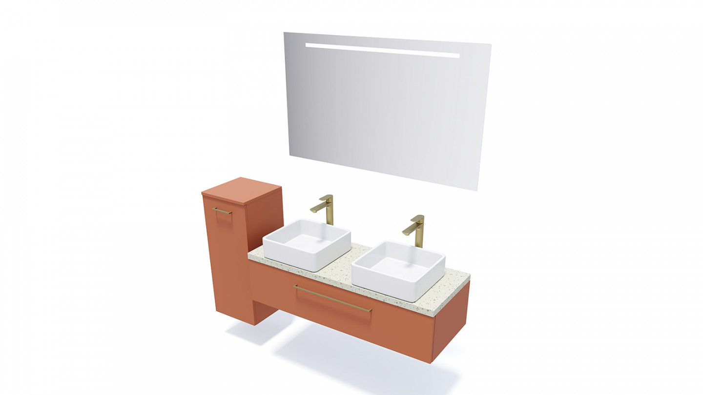 Meuble de salle de bain suspendu 2 vasques à poser 120cm 1 tiroir Terracotta + miroir - Osmose