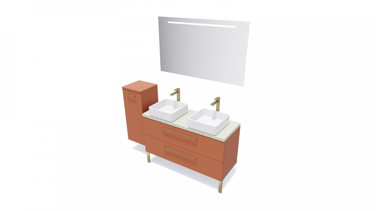 Meuble de salle de bain suspendu 2 vasques à poser 120cm 2 tiroirs Terracotta + miroir - Osmose