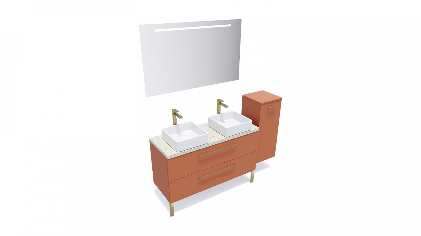 Meuble de salle de bain suspendu 2 vasques à poser 120cm 2 tiroirs Terracotta + miroir + colonne ouverture droite - Osmose