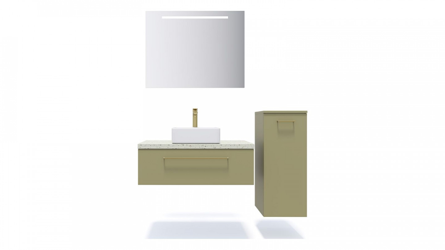 Meuble de salle de bain suspendu vasque à poser 90cm 1 tiroir Vert olive + miroir + colonne ouverture droite - Osmose